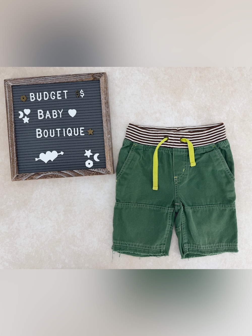 Mini Boden Green Shorts with Striped Waist and Yellow Drawstring